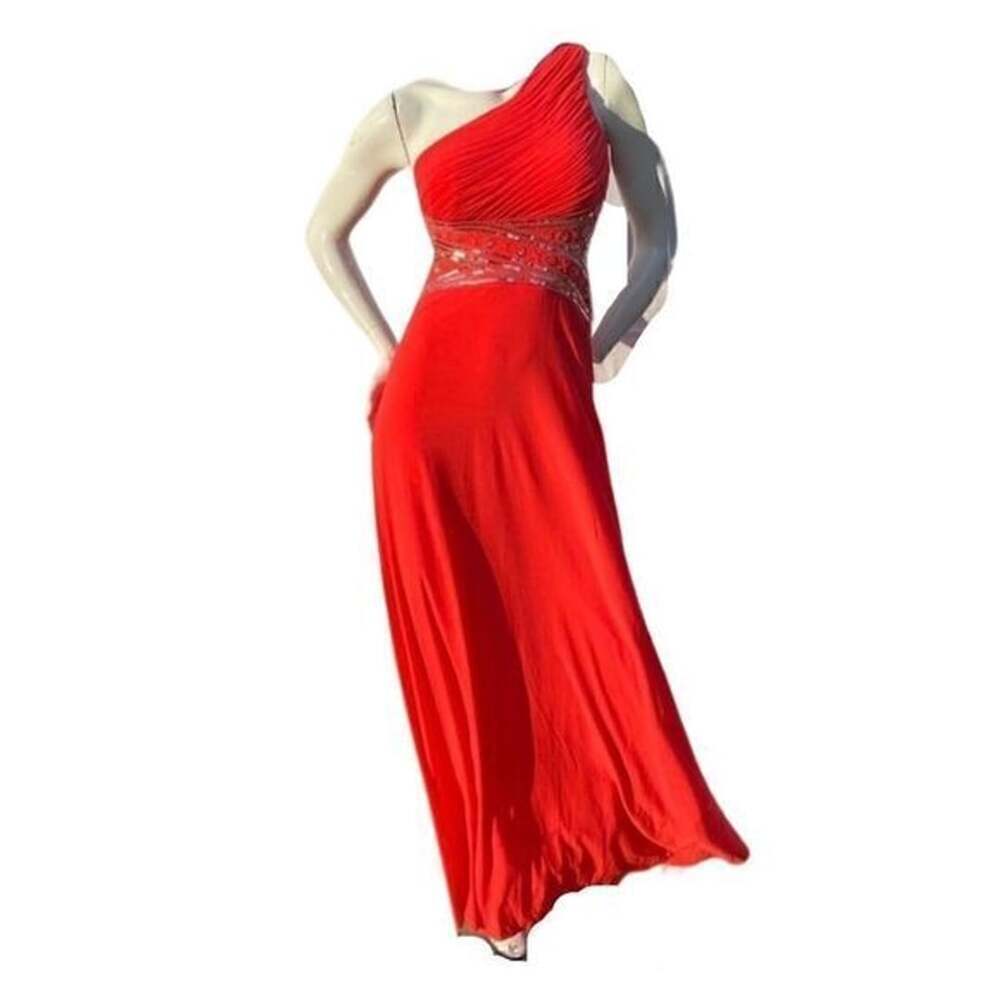 Betsy & Adam Red One Shoulder Sequin Ruched Open Back Prom Gown Size 2